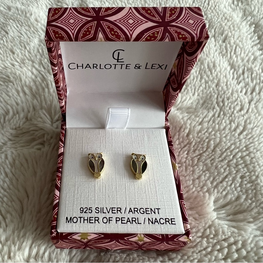 Charlotte & Lexi Gold Plated Silver Mother of Pearl Owl Earrings